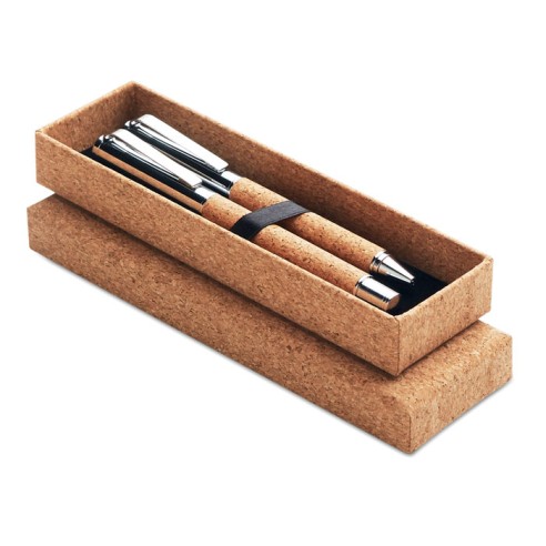 Metal Ball pen set in cork box QUERCUS